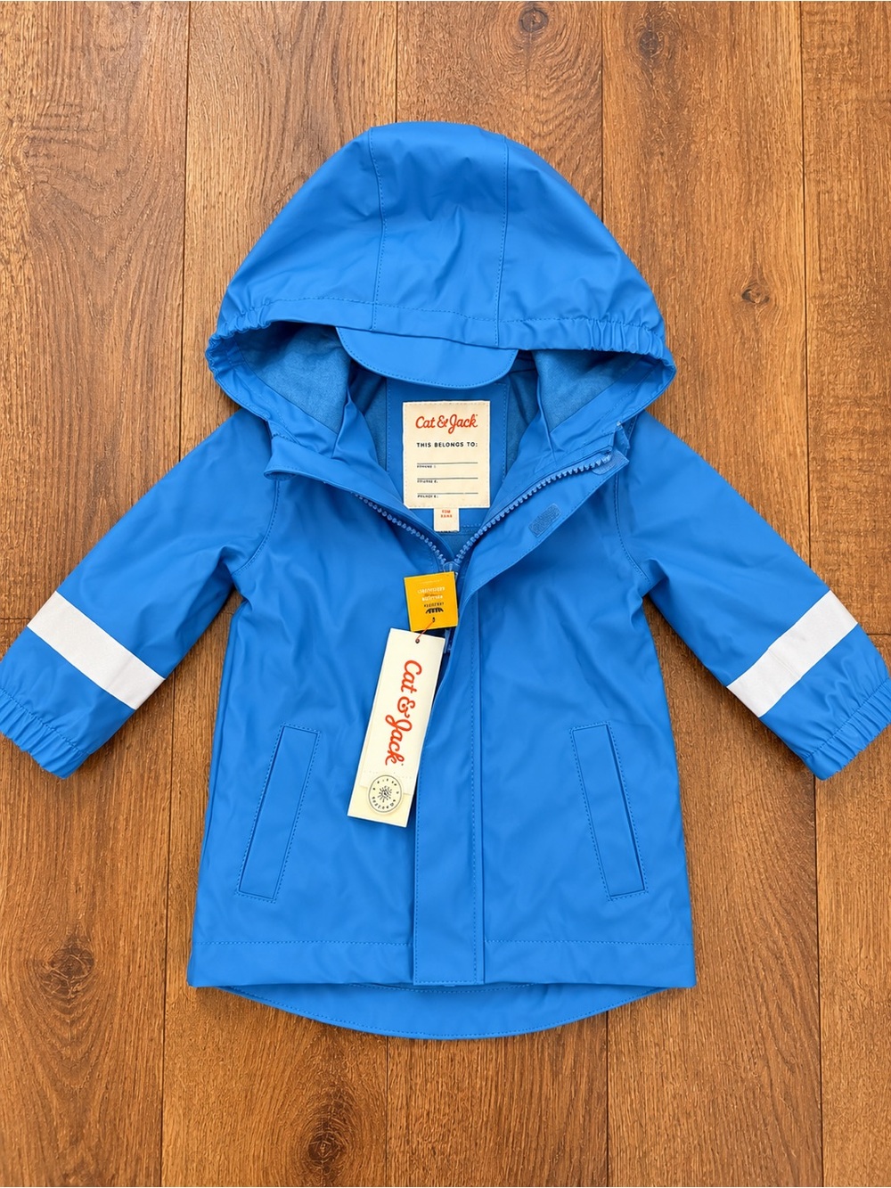 Cat & Jack Bright Blue Hooded Kids Raincoat with Reflective Stripes
